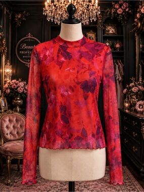 💕 PRETTYGARDEN Large Floral Mesh Mock Neck Long Sleeve Top NWT